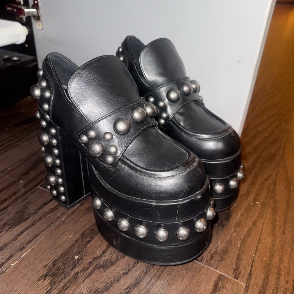 Black Studded Platform Loafers for Women